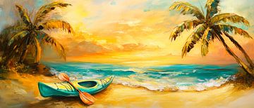 Kano op het strand bij zonsondergang van Poster Art Shop