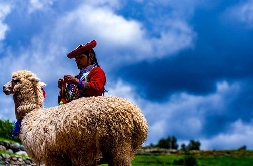 Lama en krachtige traditioneel geklede vrouw bij Cusco, Peru
