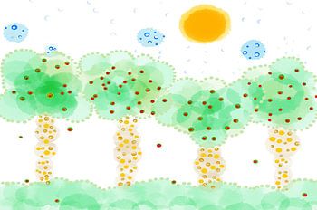 BÄUME UND WOLKEN UND DIE SONNE in den Farben Grün, Gelb und Blau