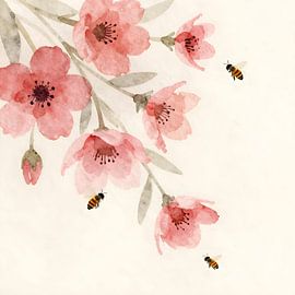 Cherry blossoms and honeybees in watercolour by Kristin M