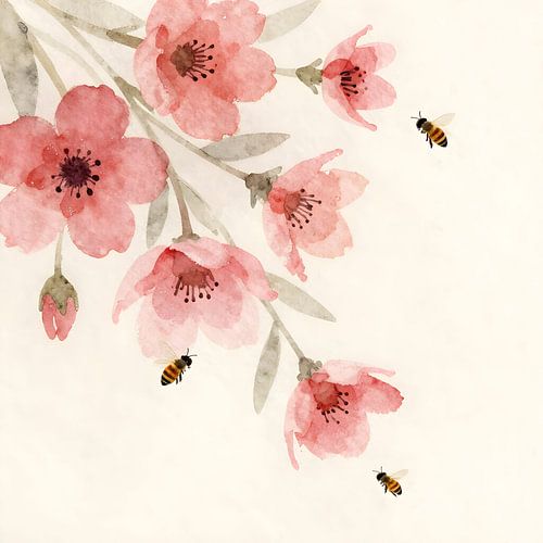 Cherry blossoms and honeybees in watercolour