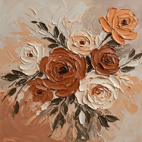 Impasto stijl gedetailleerd bloemstuk schilderij met bruin en crème palet van maulana risyad