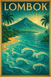 Lombok Vintage Travel Poster – Mount Rinjani Volcano & Surf Beach Art by Travel Shop