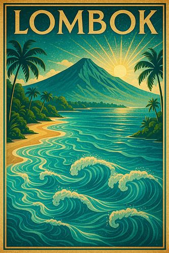 Lombok Vintage Reisposter - Mount Rinjani Vulkaan & Surf Strand Kunst
