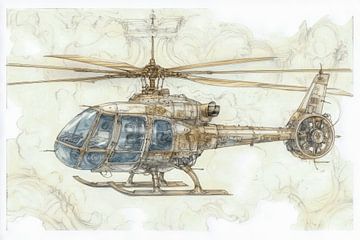 Gedetailleerde tekening van een helikopter -  “Helicopter Art van Peter Pen tekeningen en schilderijen