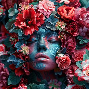 Femme dans une mer de fleurs, perdue dans ses pensées