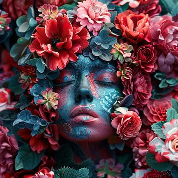Vrouw in een bloemenzee, in gedachten verzonken