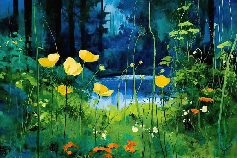 Buttercup | Shimmering blooms | Post-Impressionist | Emerald green and marigold by Eye catching paintings