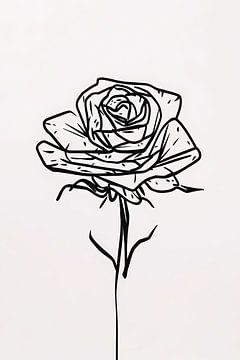 Illustration minimaliste d'une rose au trait noir sur De Muurdecoratie