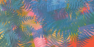 Art botanique abstrait et coloré. Feuilles de fougère en bleu, rouge, rose sur Dina Dankers