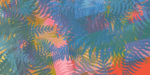 Kleurrijke abstracte botanische kunst. Varensbladeren in blauw, rood, roze