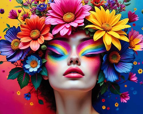 Surrealist portrait of a woman with colourful flowers