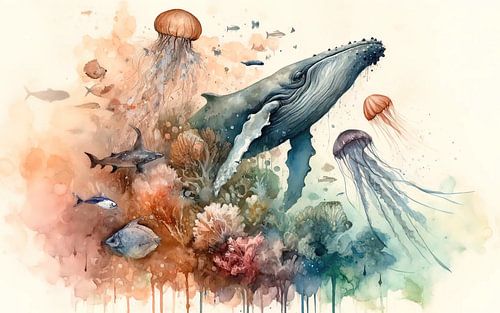 Walvis en kwal aquarel