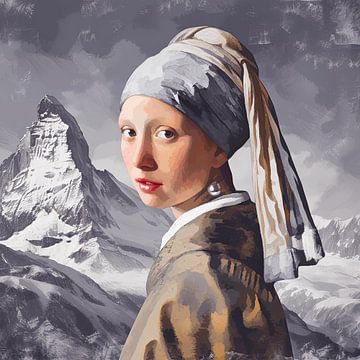 Vermeer's girl with the pearl in the mountains by Vlindertuin Art