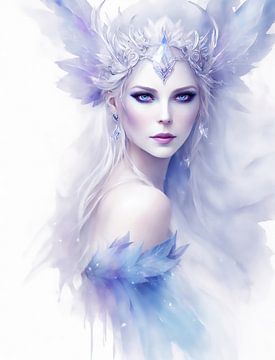 Fantasie elfje als waterverf portret in blauw ,paarse tinten.