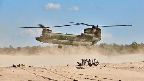 Un hélicoptère de transport Chinook se pose dans une dérive de sable