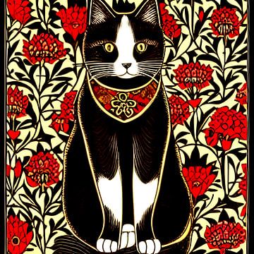 Zwart witte kat met decoratieve bloemen op achtergrond - digitale illustratie van Lily van Riemsdijk - Art Prints with Color