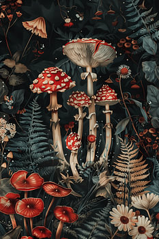 Vintage vliegenzwammen – Dark Academia botanische kunst