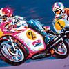 Illustration de deux pilotes de moto - acrylique sur toile sur Galerie Ringoot
