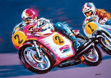 Illustration von zwei Motorradrennfahrern - Acryl auf Leinwand