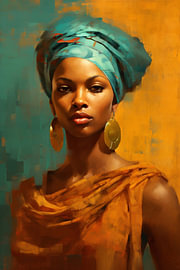 Afrikanische Frau mit Turban und ockergelbem Schal von Steinfox Art