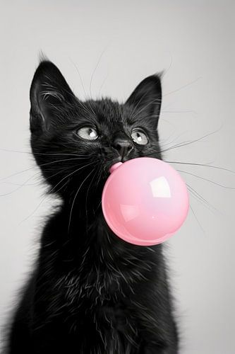 Black cat blowing pink bubble gum bubble on light background