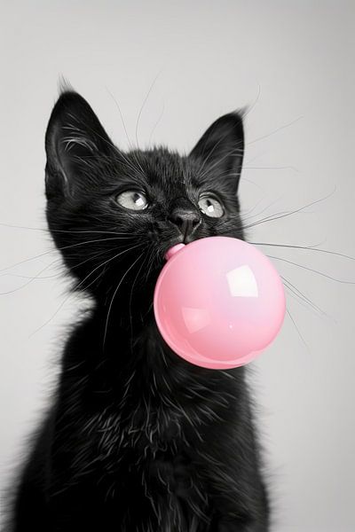 Black cat blowing pink bubble gum bubble on light background by Poster Art Shop