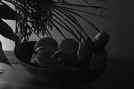 Black and white art with fruit on a scale by Jolanda de Jong-Jansen