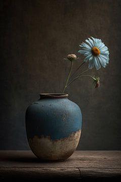 Still life with a blue vase and white daisy by Digitale Schilderijen