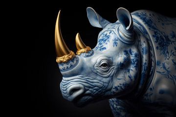 Delftsblauwe porseleinen neushoorn met gouden hoorns en donkere achtergrond van John van den Heuvel