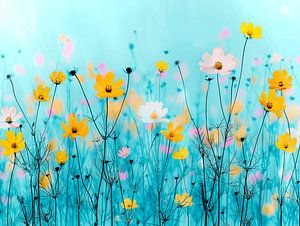 Sommerfeld mit pastellfarbenen Blumen