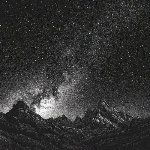 Majestueuze bergen onder de sterrenhemel: gedetailleerde monochrome afbeelding van de Melkweg boven ruige bergtoppen – Hemelse natuurlandschapskunst