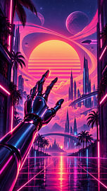 Cyberpunk Retro Futuristic City With Robotic Hand Reaching Toward Neon Space World by Alfonz
