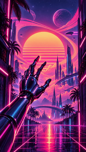Cyberpunk-achtige, retro-futuristische stad met een robotarm die reikt naar een neonverlichte ruimtewereld