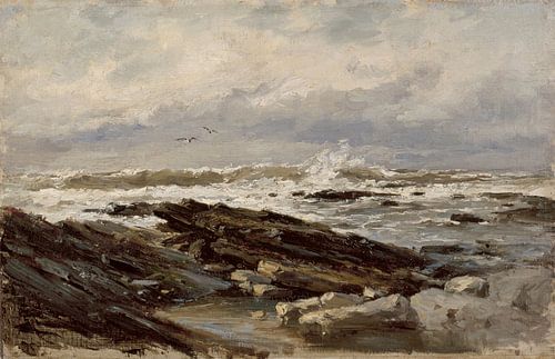Carlos de Haes-Zeegolven landschap, zeemeeuw, Antiek landschap