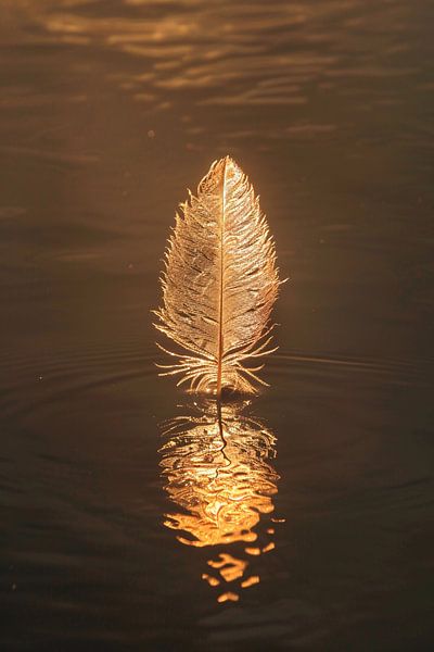 Golden feather floating on calm water at sunset by Art & Soul Creations