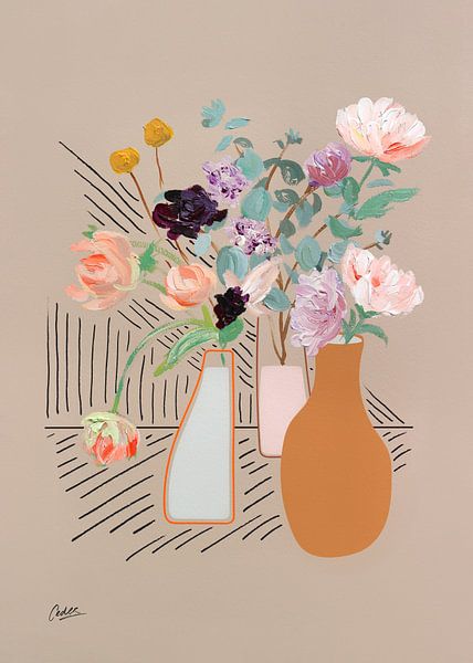 'Mila' | Moderne bloemen | Taupe. roze en oker van Ceder Art