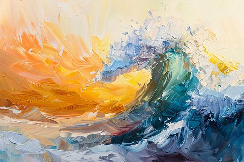 Abstract schilderij van een golf in zonsondergang