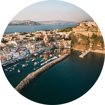 Uitzicht over de haven en het kasteel van het Italiaanse eiland Procida van Michiel Dros