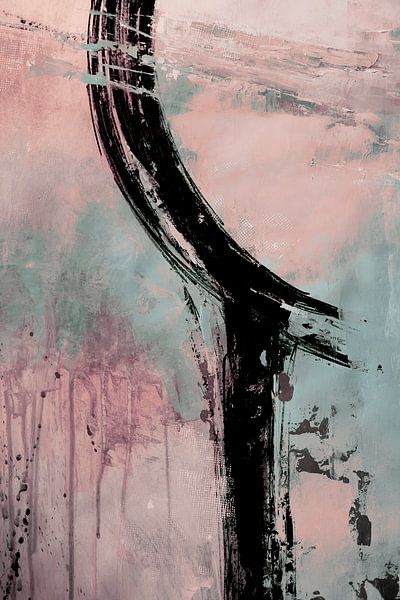 Abstracte Penseelstreek Schilderij in Roze, Mint &amp; Zwart - Moderne Muurkunst Print van Ela Szczepaniak