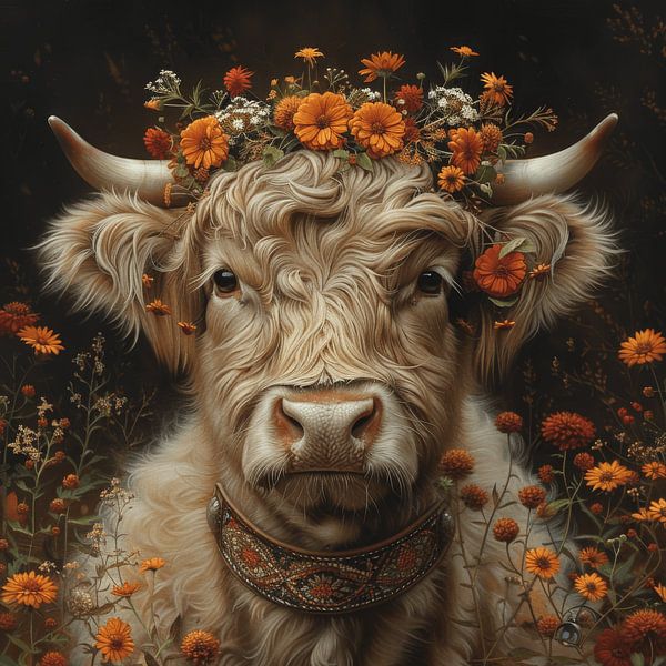 Flower crowned Highland cow - Charming work of art for nature lovers by Poster Art Shop