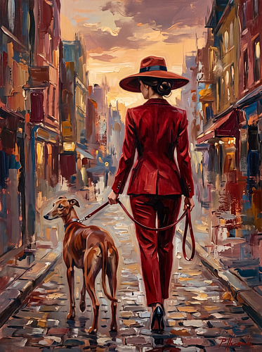 The woman in red and her greyhound