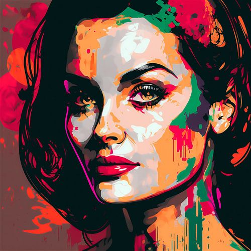 Œuvre de pop art représentant une femme avec du rouge à lèvres rouge.