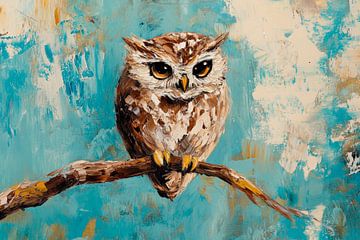Uil op een tak tegen een pastelblauwe achtergrond van Poster Art Shop