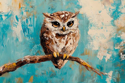 Chouette sur branche sur fond bleu pastel