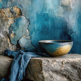 Blaues Keramik-Stillleben – Luxuriöse Wanddekoration in erdigen, beruhigenden Farbtönen von Joriali Fine Art