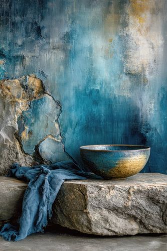 Nature morte en céramique bleue - Décoration murale luxueuse dans des tons terreux et apaisants sur Jorali Beaux-Arts