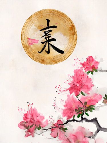 Japanse Bloesem met Betekenisvolle Kanji in Gouden Cirkel