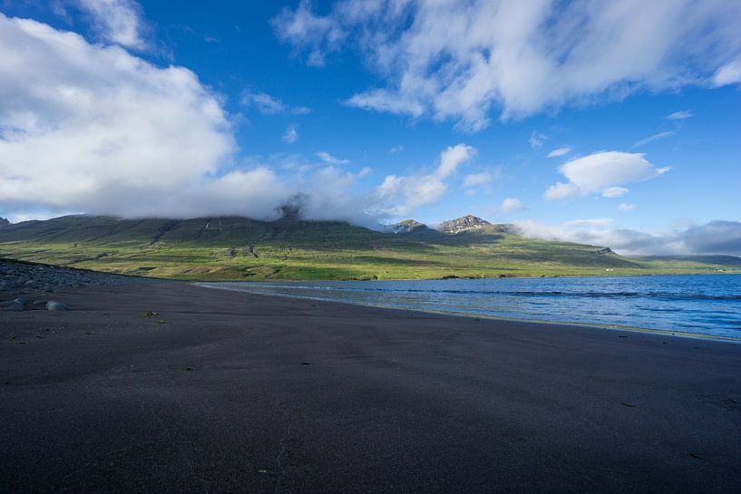 Iceland - Lonely black beach next to green mountains at the coast by adventure-photos