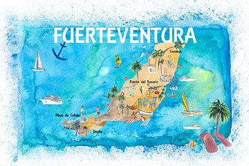 Fuerteventura Canarias Spanien Illustrierte Karte mit Orientierungspunkten und Höhepunkten von Markus Bleichner